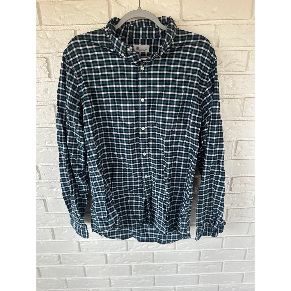 GAP Standard Fit Stretch Plaid Button Down Shirt Men's Large Green Blue